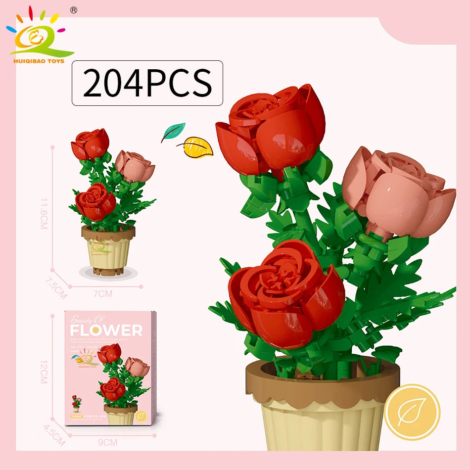 HUIQIBAO Klemmbausteine Blumen im Mini-Topf – Flower Pot Serie (12 Modelle)