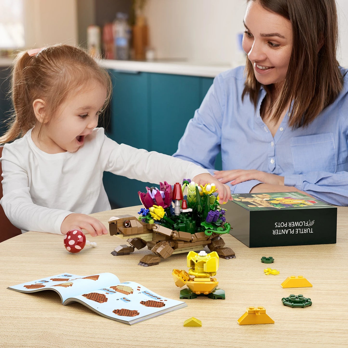 Schildkröte mit Blumen – Kreatives Klemmbaustein-Set – 477 Teile