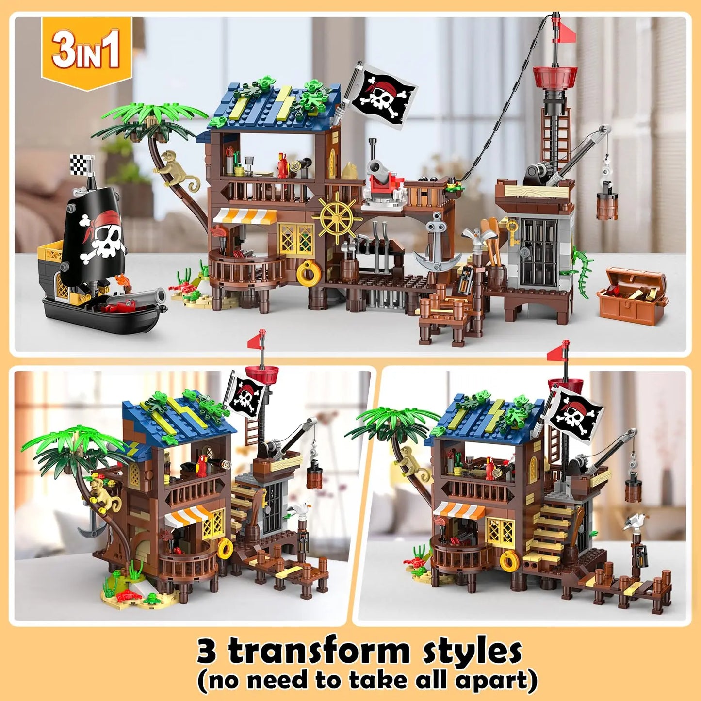 HOGOKIDS 🏴‍☠️ Piratenfestung „Island Storm“ – 3-in-1 Abenteuer-Set aus Klemmbausteinen