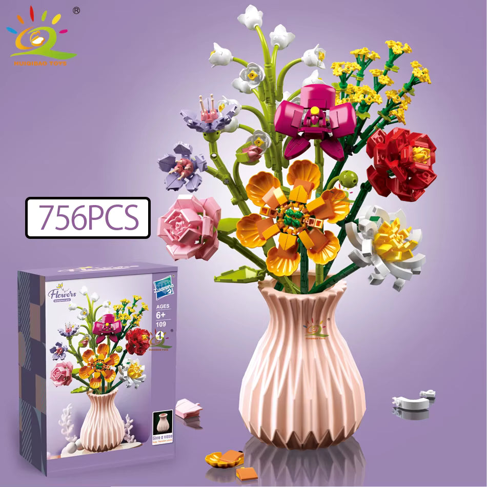 HUIQIBAO Klemmbausteine Blumen mit Vase – Deko Flower Serie (3 Modelle)