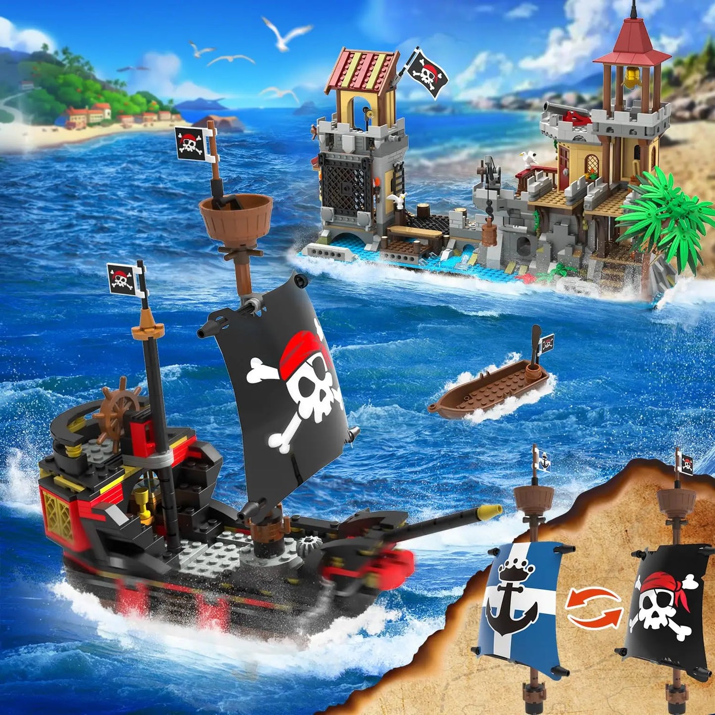 Piratenfestung mit Schiff – Abenteuerliches Klemmbaustein-Set 1508 Teile