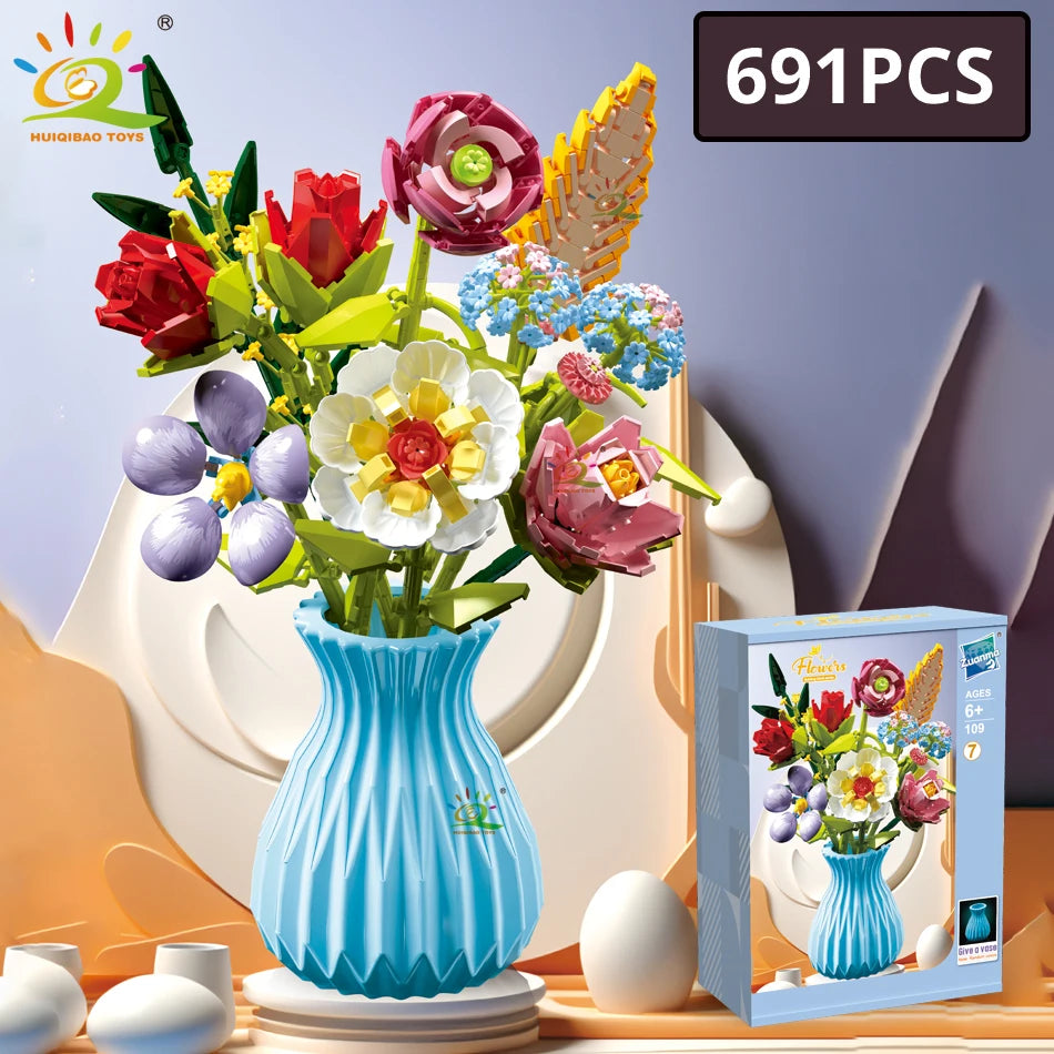 HUIQIBAO Klemmbausteine Blumen mit Vase – Deko Flower Serie (3 Modelle)