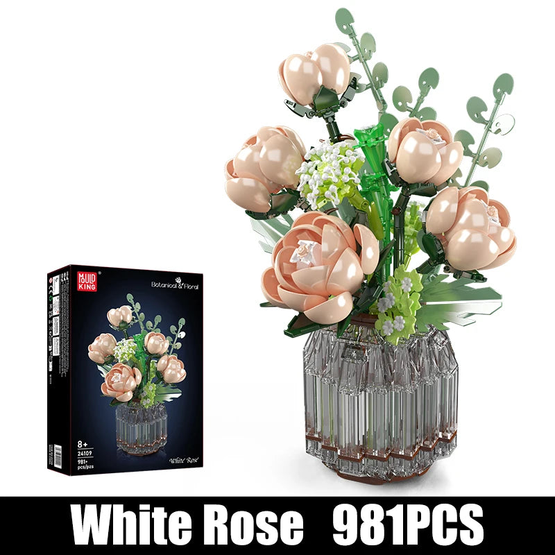 Mould King 24109 White Rose – Eleganter Blumenstrauß aus Klemmbausteinen (981 Teile)