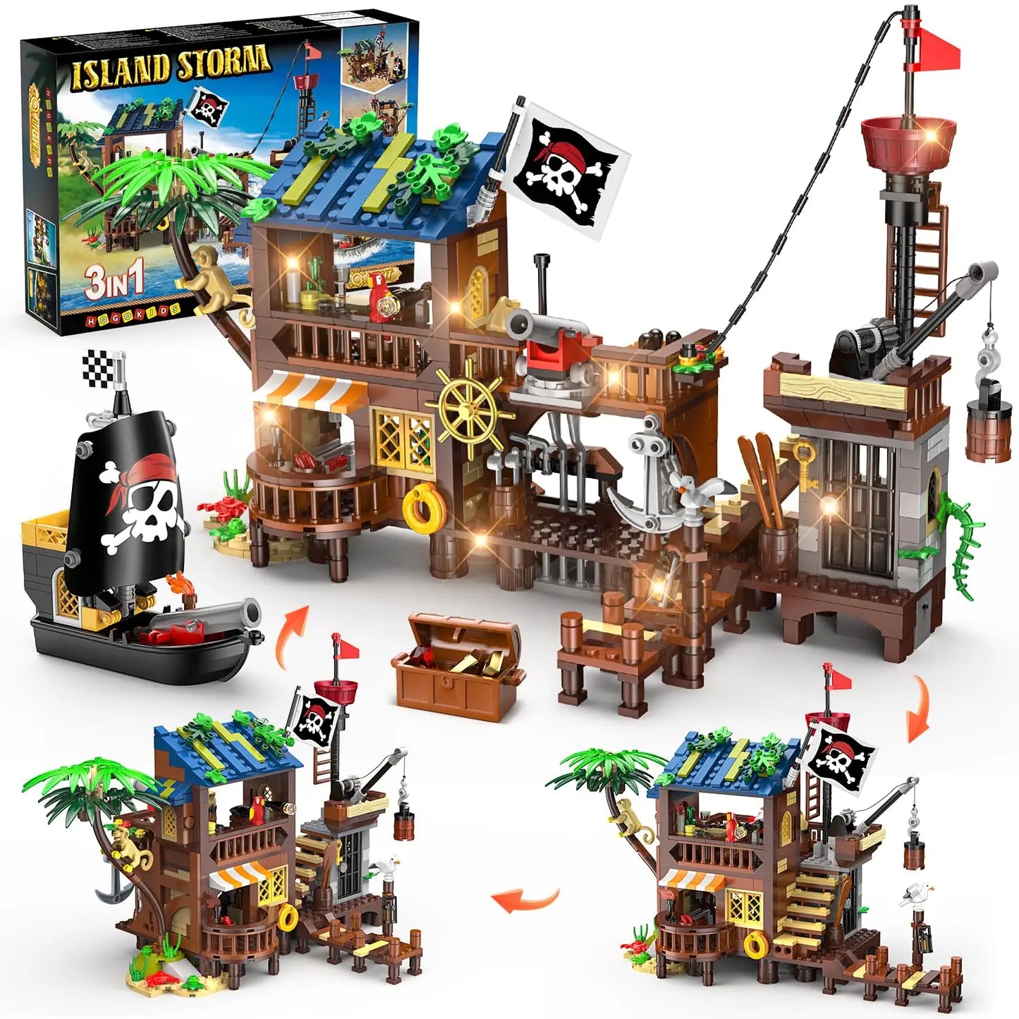 HOGOKIDS 🏴‍☠️ Piratenfestung „Island Storm“ – 3-in-1 Abenteuer-Set aus Klemmbausteinen