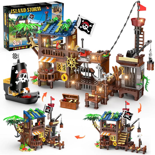 HOGOKIDS 🏴‍☠️ Piratenfestung „Island Storm“ – 3-in-1 Abenteuer-Set aus Klemmbausteinen