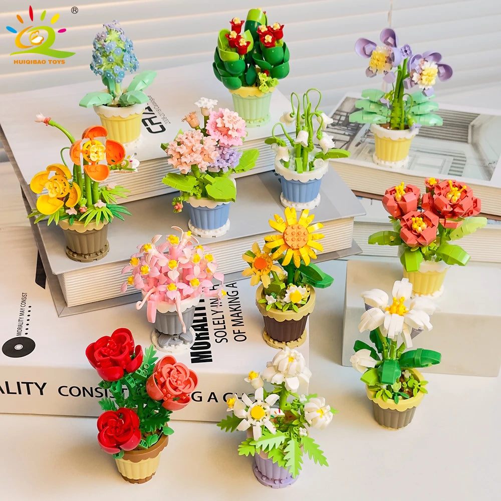 HUIQIBAO Klemmbausteine Blumen im Mini-Topf – Flower Pot Serie (12 Modelle)